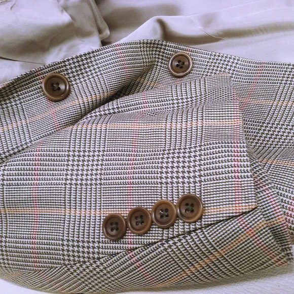 Vintage 90s-Y2K Blazer 100% Silk Suit Jacket Men-42L Fitted 2-Button Olive Plaid - Picture 5 of 10